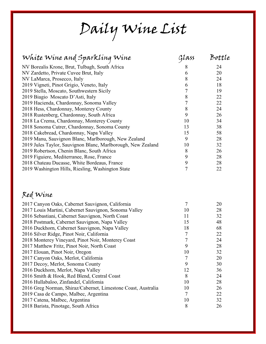 Daily Wine List