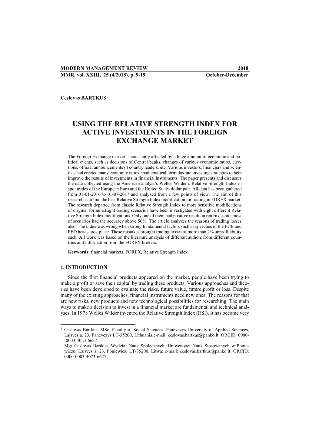 Using the Relative Strength Index for Active Investments in the Foreign Exchange Market