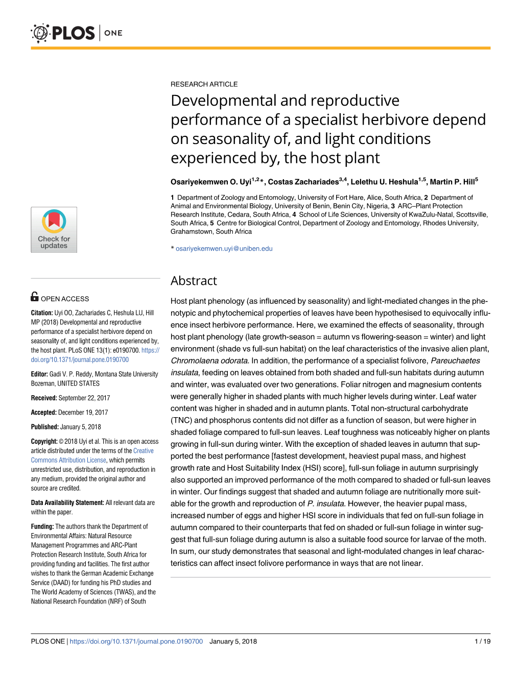 Developmental and Reproductive Performance of a Specialist Herbivore Depend on Seasonality Of, and Light Conditions Experienced By, the Host Plant