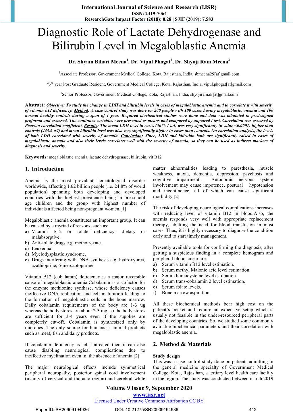 Diagnostic Role of Lactate Dehydrogenase and Bilirubin Level in Megaloblastic Anemia