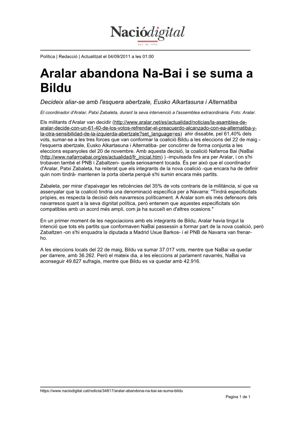 Aralar Abandona Na-Bai I Se Suma a Bildu Decideix Aliar-Se Amb L'esquera Abertzale, Eusko Alkartasuna I Alternatiba