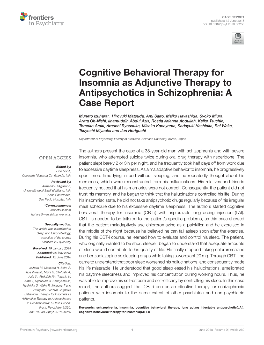 Cognitive Behavioral Therapy for Insomnia As Adjunctive Therapy to Antipsychotics in Schizophrenia: a Case Report