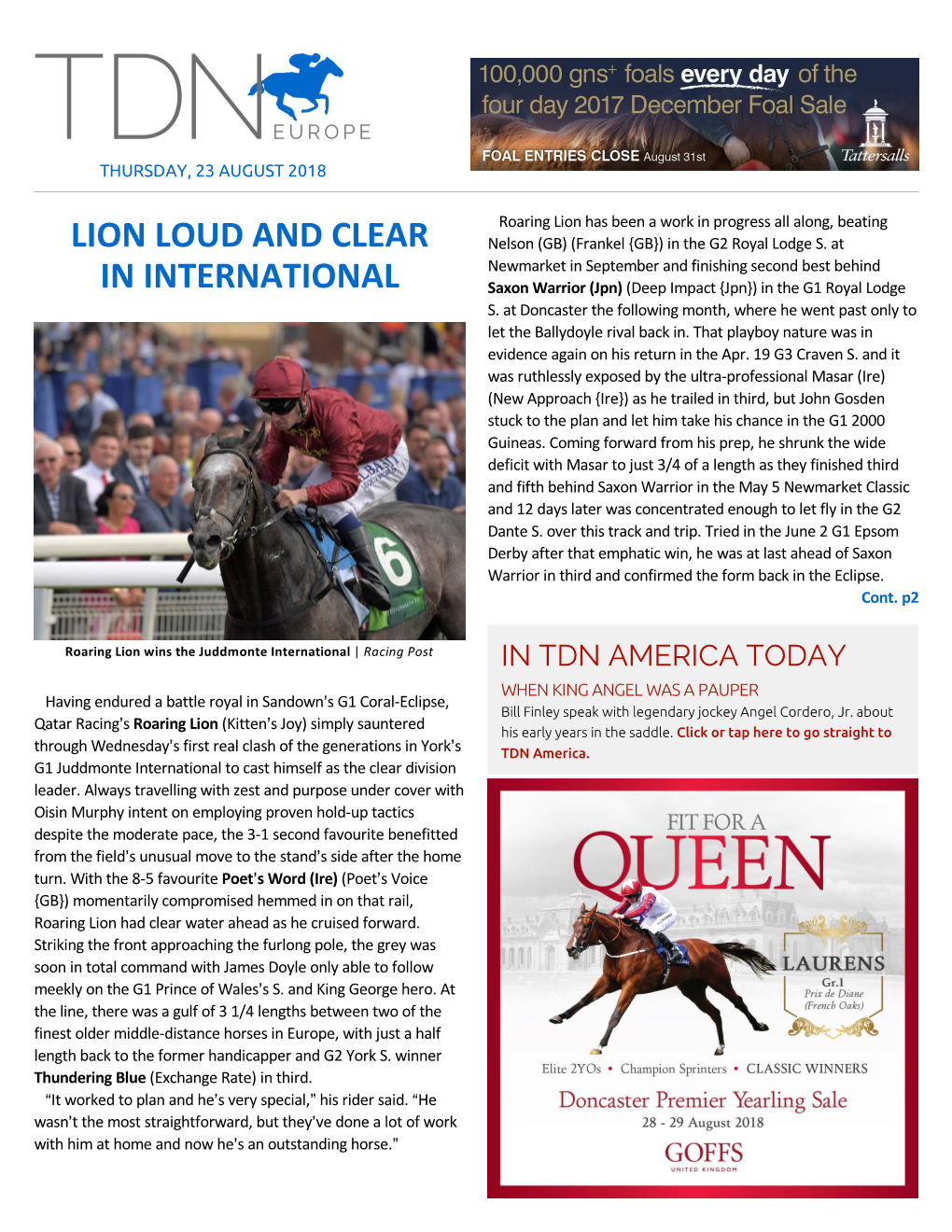 Roaring Lion Has Been a Work in Progress All Along, Beating LION LOUD and CLEAR Nelson (GB) (Frankel {GB}) in the G2 Royal Lodge S