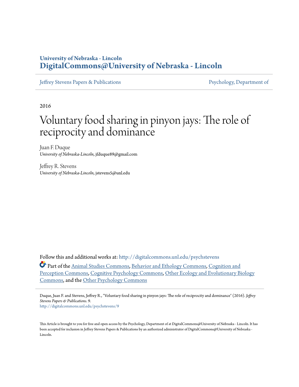 Voluntary Food Sharing in Pinyon Jays: the Oler of Reciprocity and Dominance Juan F