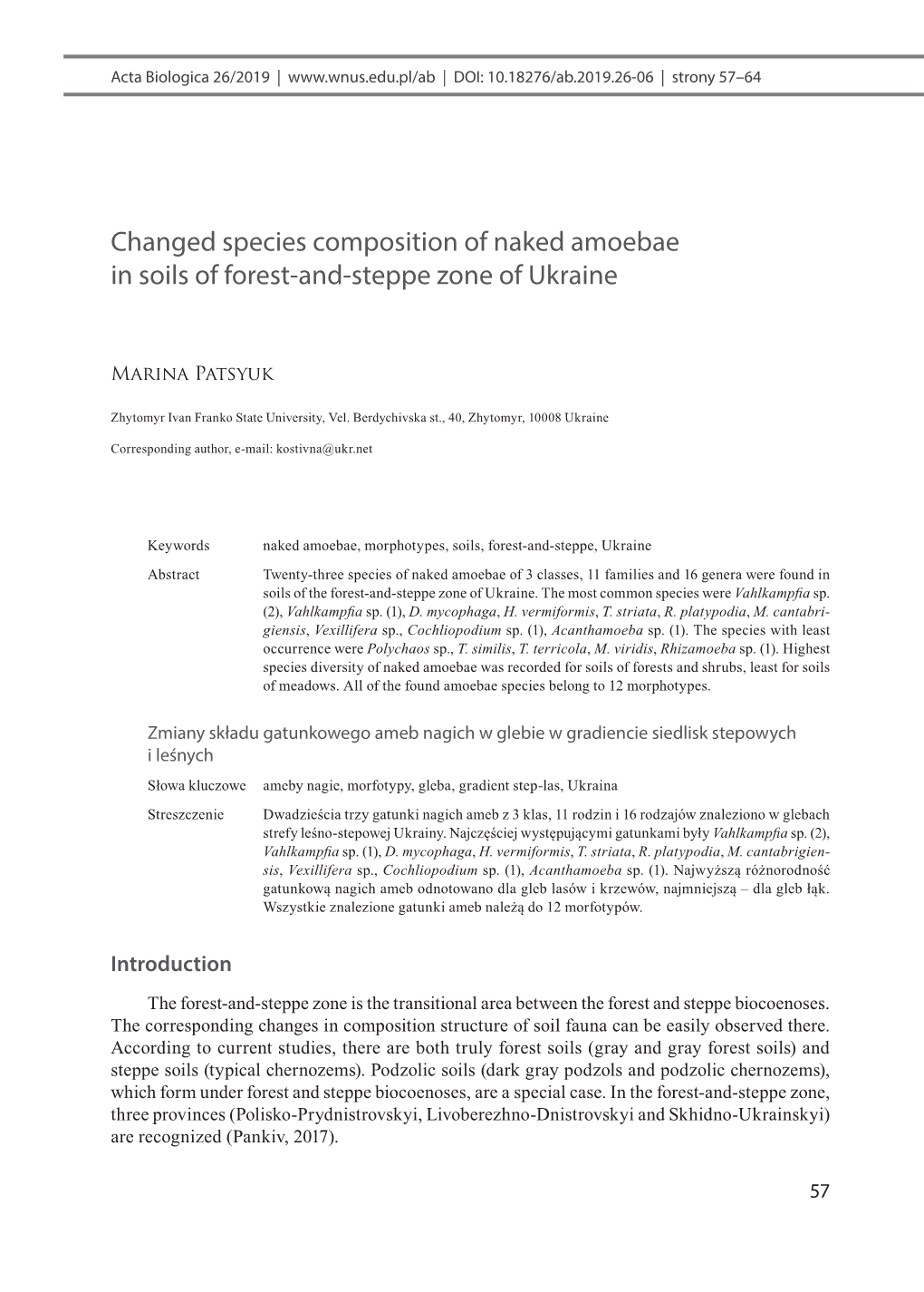 Changed Species Composition of Naked Amoebae in Soils of Forest-And-Steppe Zone of Ukraine