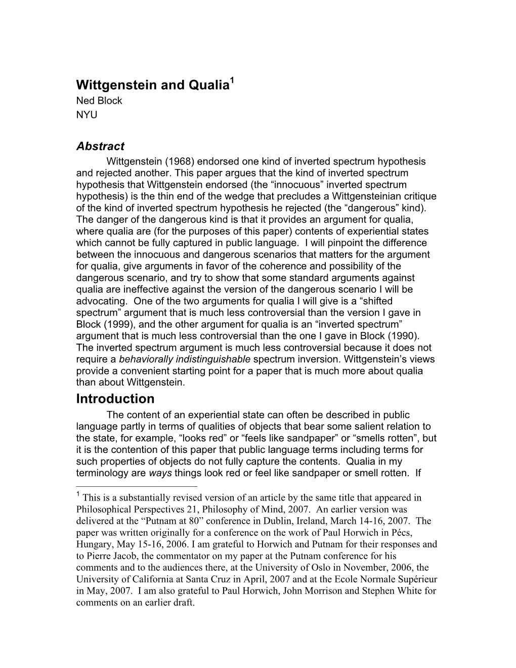 Wittgenstein and Qualia1 Introduction