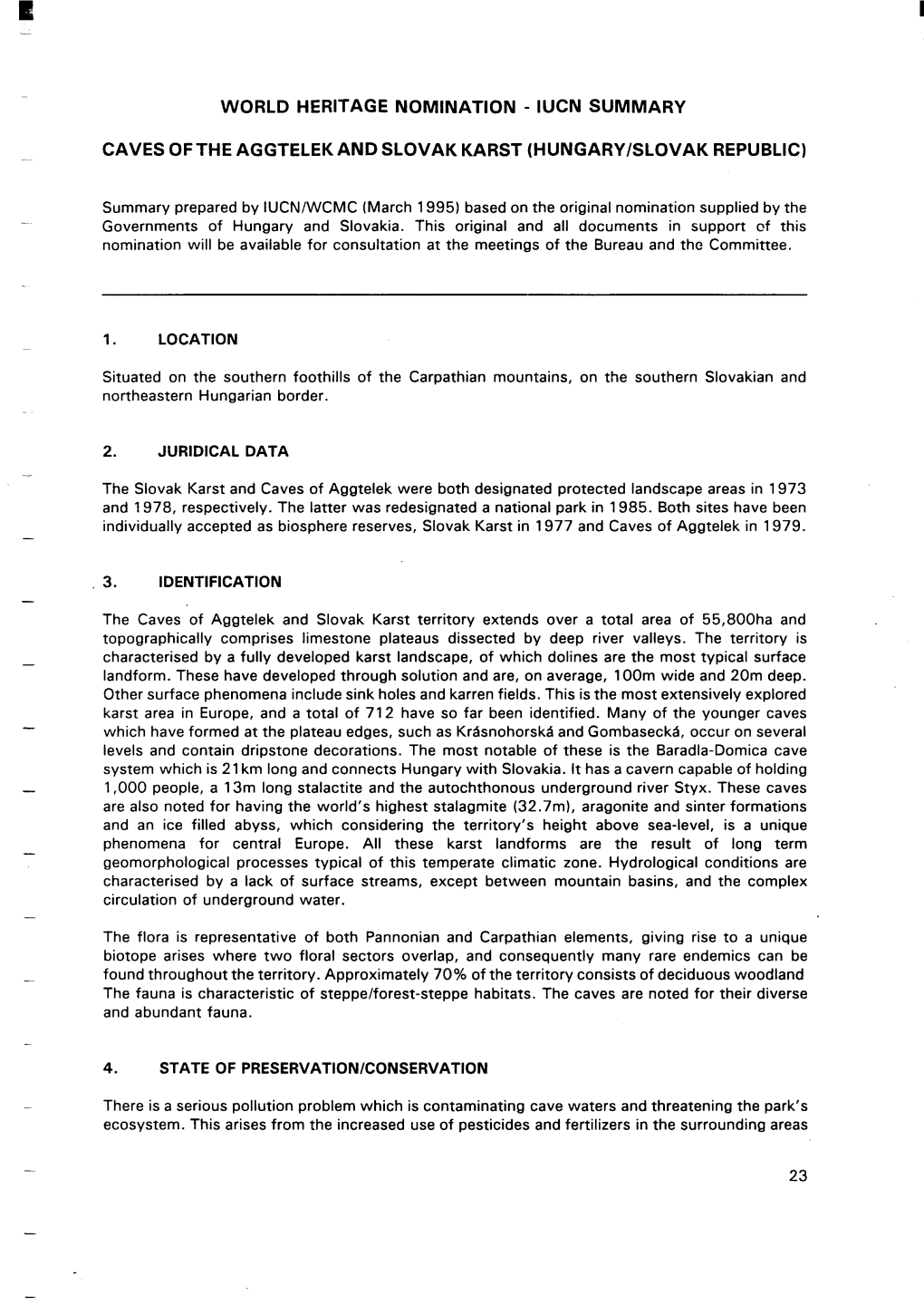 Iucn Summary Caves Ofthe Aggtelekand Slovak Karst