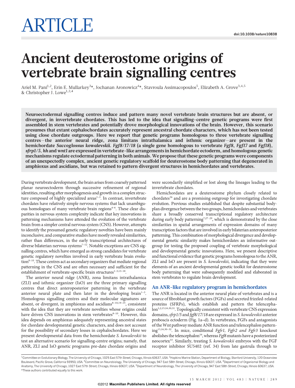 Ancient Deuterostome Origins of Vertebrate Brain Signalling Centres