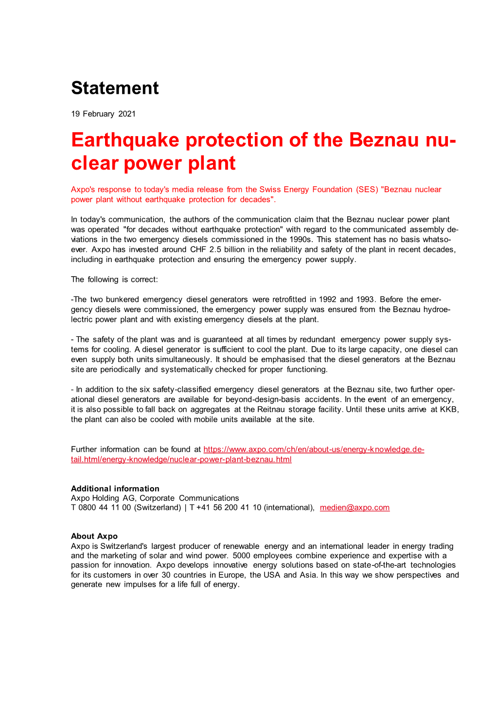 Earthquake Protection of the Beznau Nu- Clear Power Plant