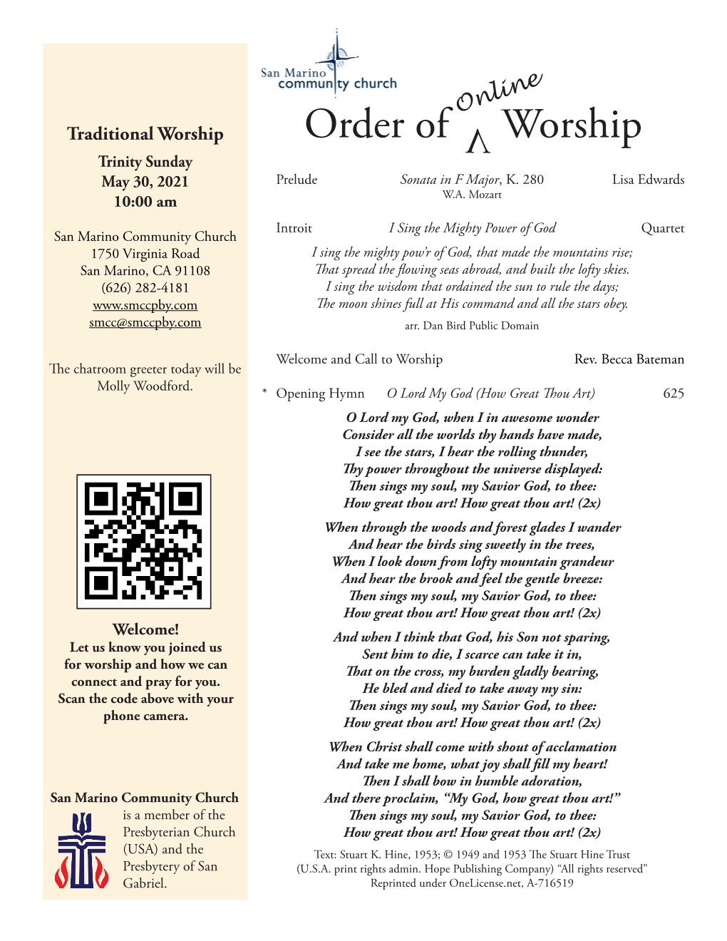 Order of Worship Trinity Sunday May 30, 2021 Prelude Sonata in F Major, K