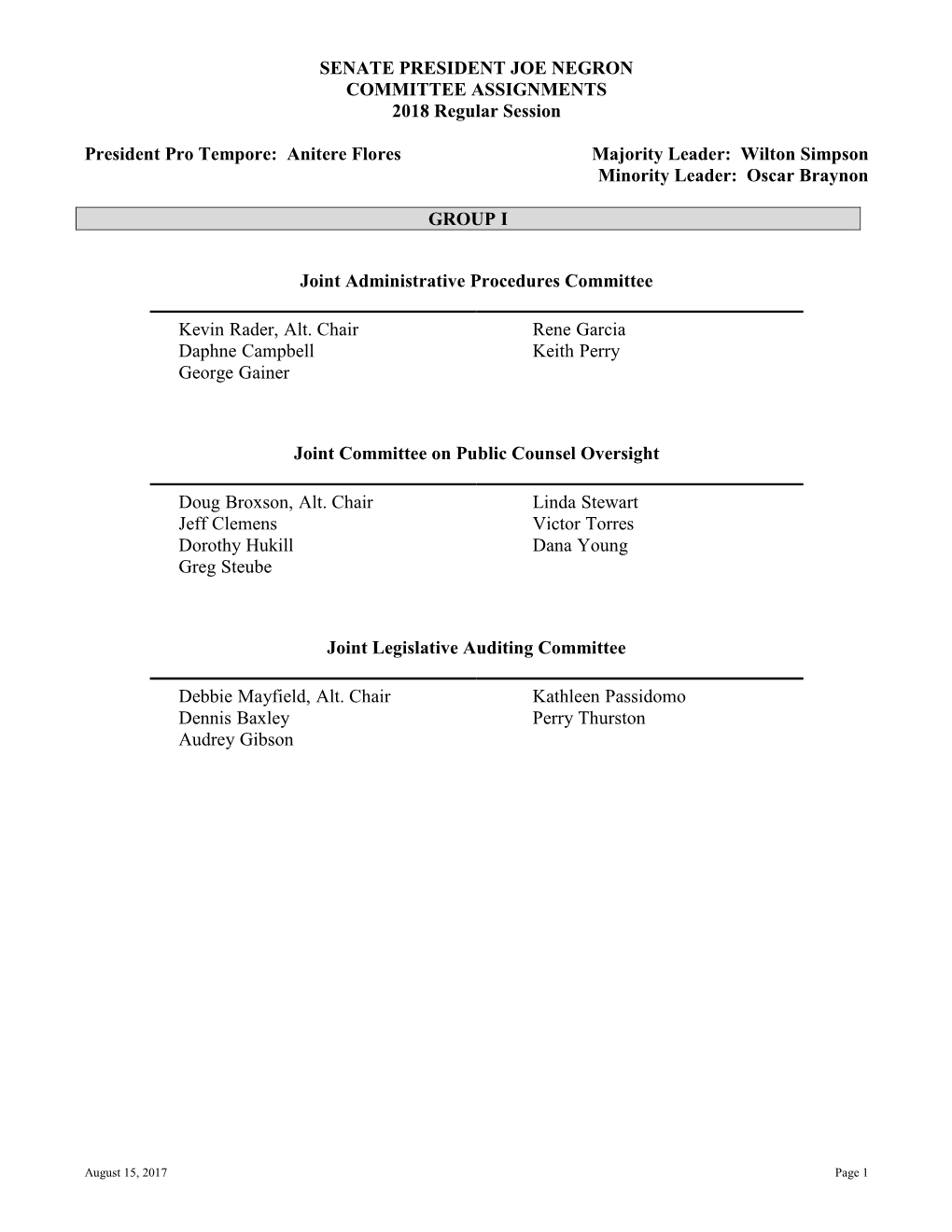 SENATE PRESIDENT JOE NEGRON COMMITTEE ASSIGNMENTS 2018 Regular Session