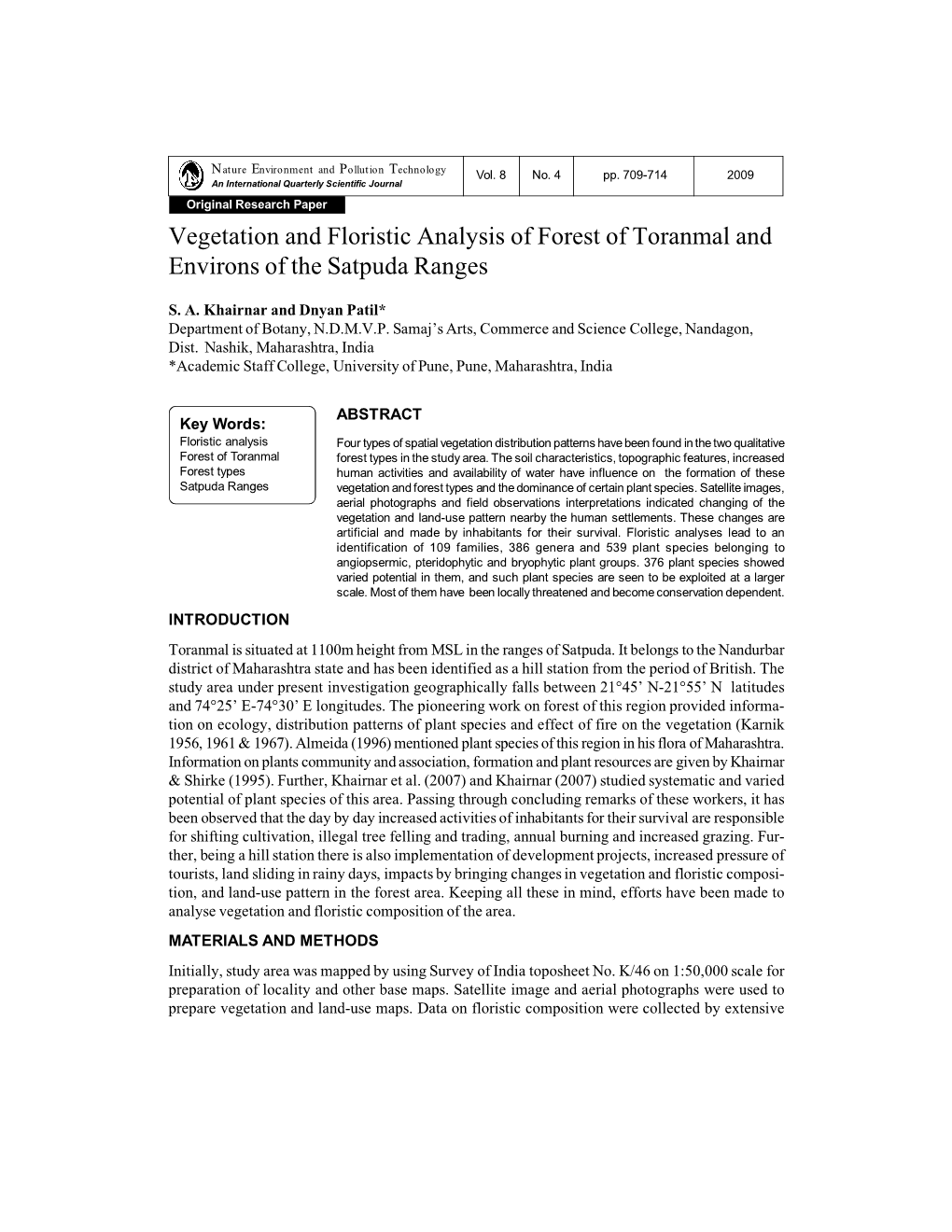 Vegetation and Floristic Analysis of Forest of Toranmal and Environs of the Satpuda Ranges