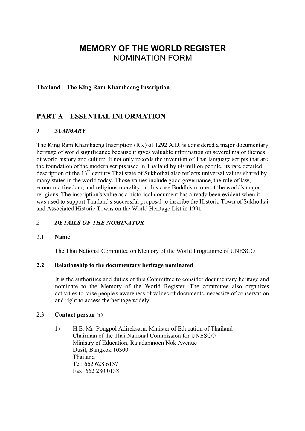 Memory of the World Register Nomination Form