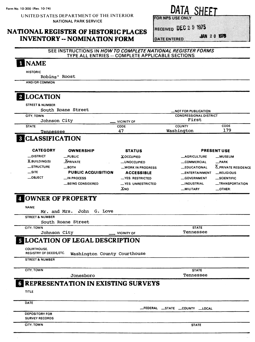 Data Sheet. National Park Service National Register of Historic Places Inventory - Nomination Form