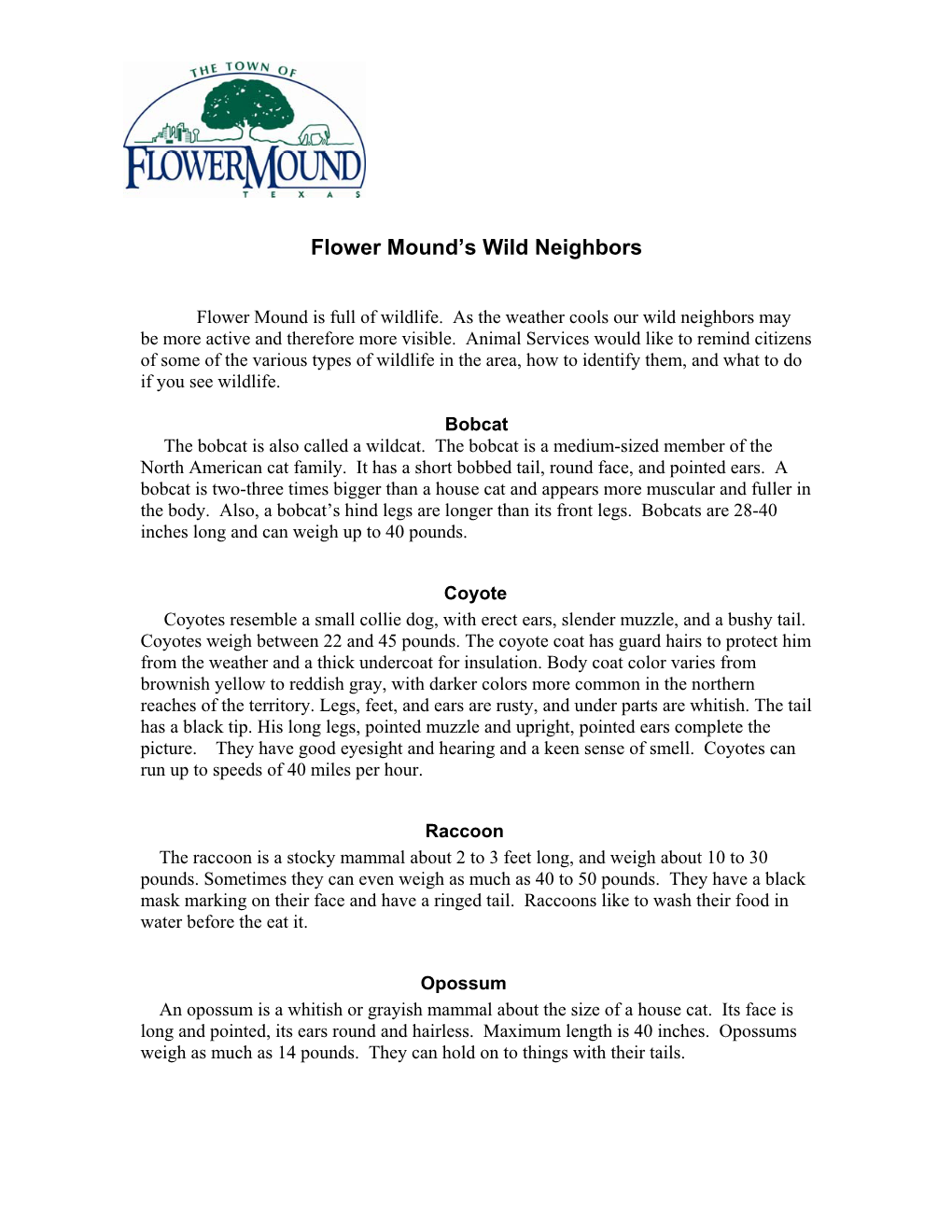 Wild Neighbors Information Sheet