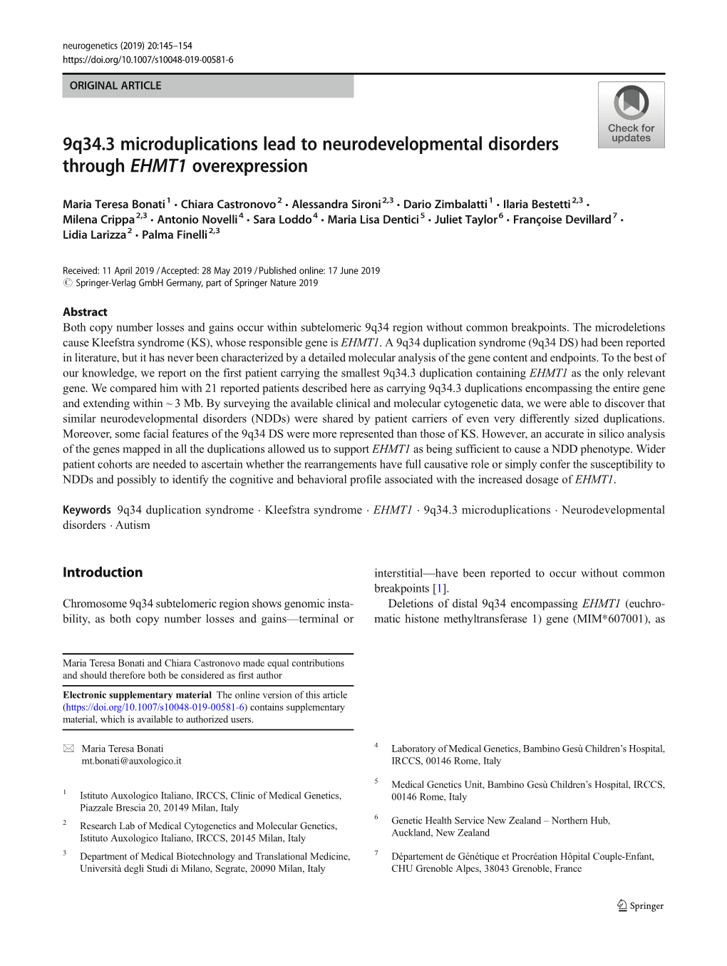 9Q34.3 Microduplications Lead to Neurodevelopmental Disorders Through EHMT1 Overexpression