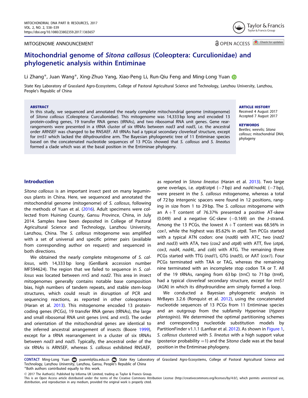 Mitochondrial Genome of Sitona Callosus (Coleoptera: Curculionidae)