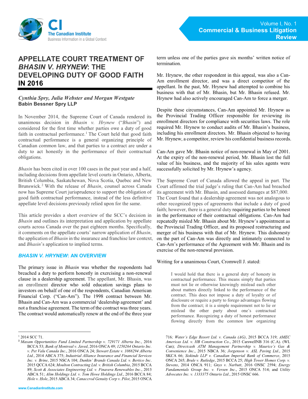 Appellate Court Treatment of Bhasin V. Hrynew: The