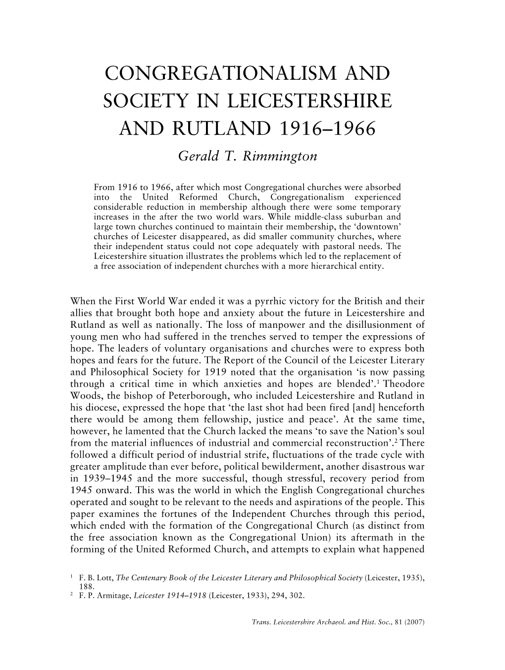 CONGREGATIONALISM and SOCIETY in LEICESTERSHIRE and RUTLAND 1916–1966 Gerald T