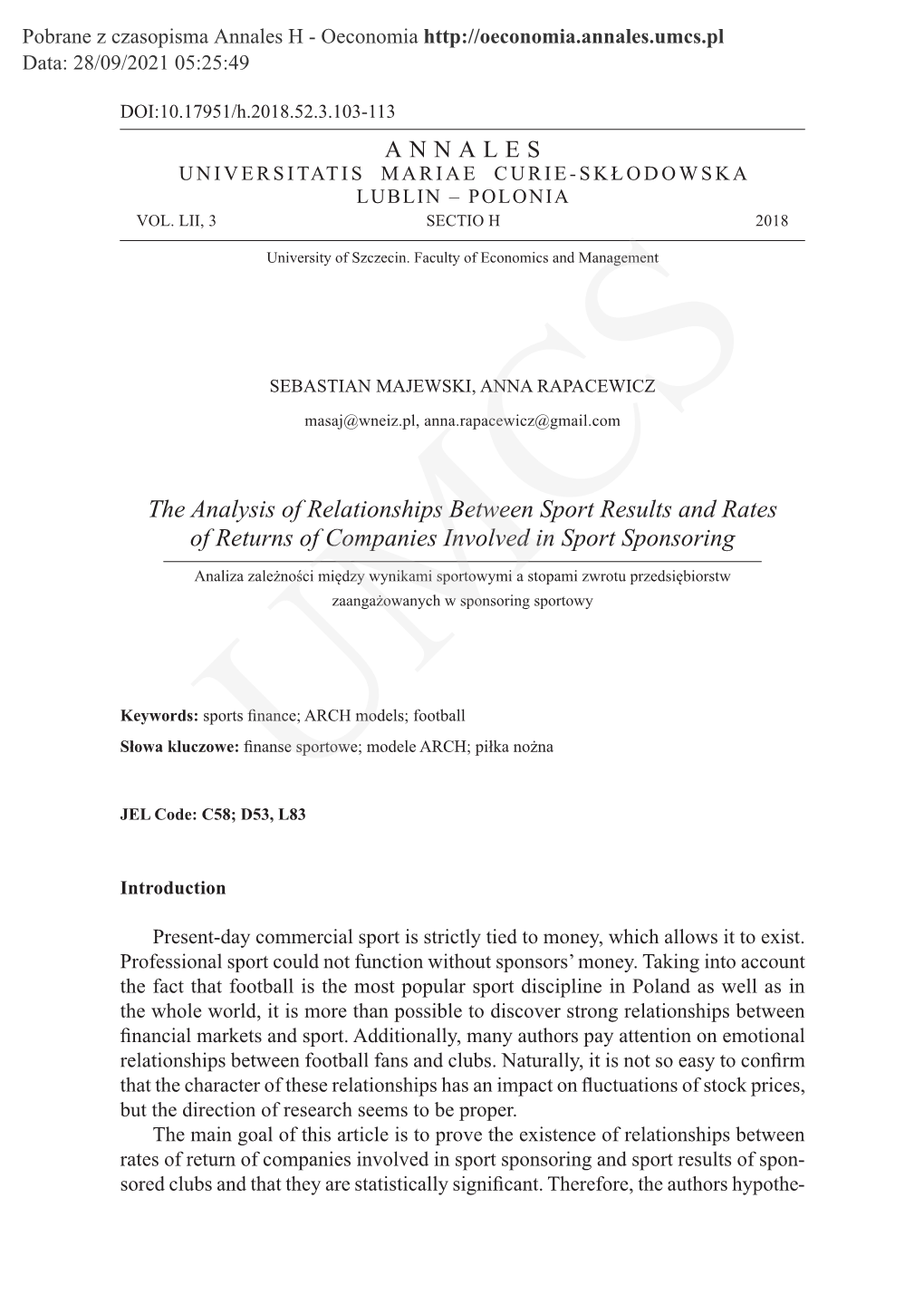 The Analysis of Relationships Between Sport Results and Rates of Returns of Companies Involved in Sport Sponsoring
