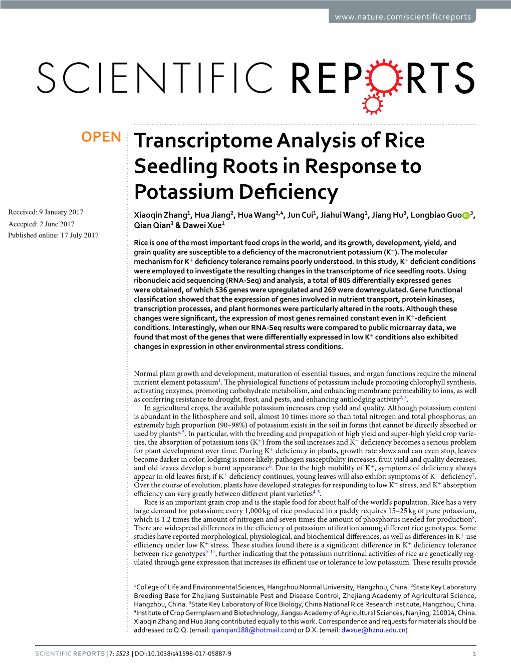 Transcriptome Analysis of Rice Seedling Roots in Response To