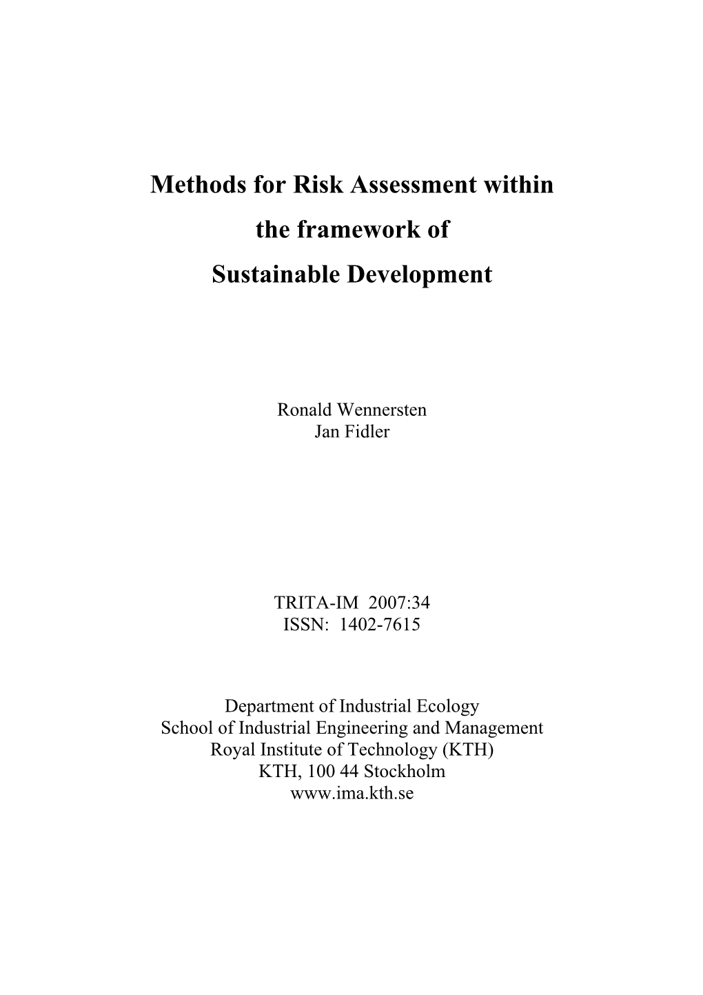 Methods for Risk Assessment Within the Framework of Sustainable Development
