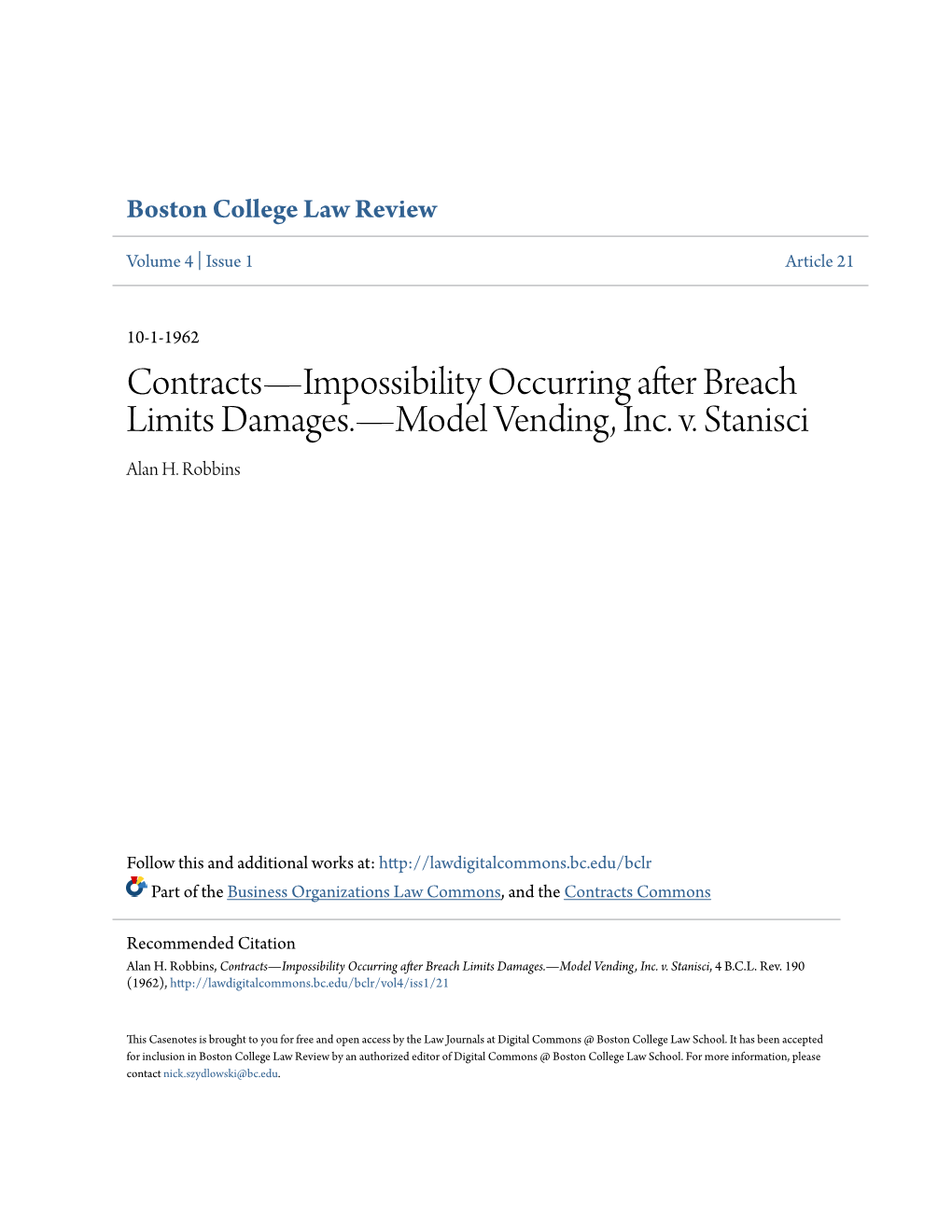 Contracts—Impossibility Occurring After Breach Limits Damages.—Model Vending, Inc