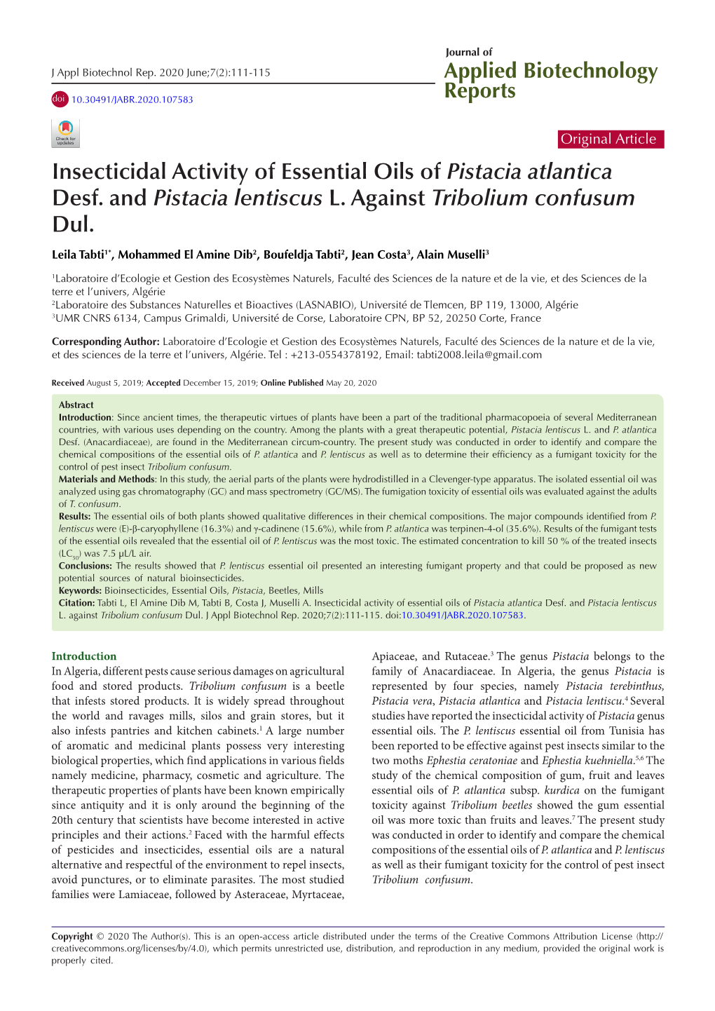 Insecticidal Activity of Essential Oils of Pistacia Atlantica Desf. and Pistacia Lentiscus L