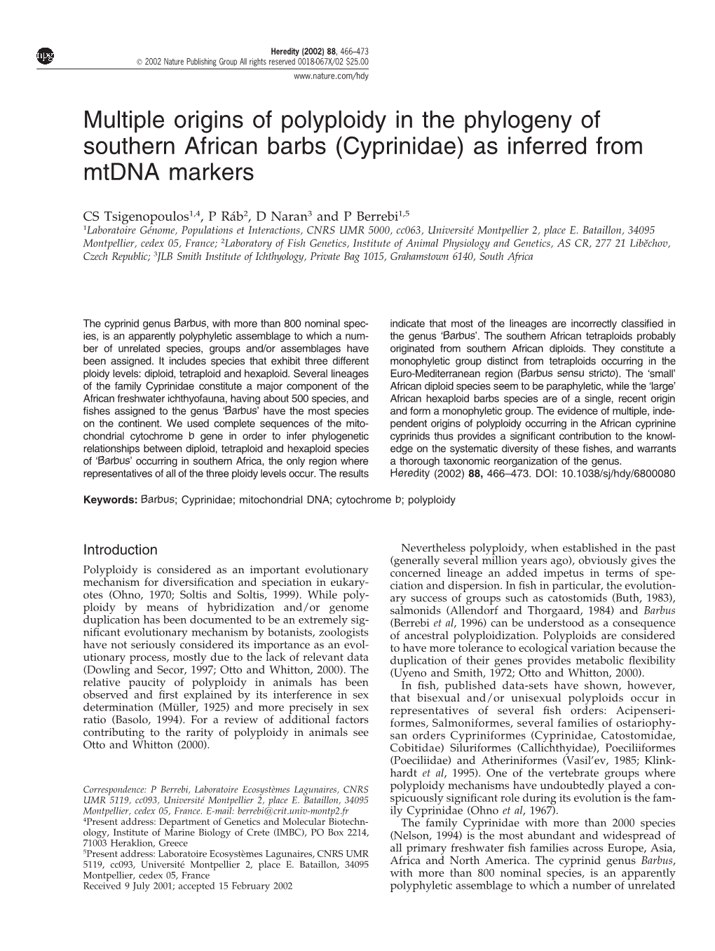 Cyprinidae) As Inferred from Mtdna Markers