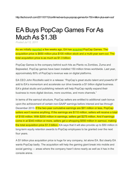 EA Buys Popcap Games for As Much As $1.3B Posted Jul 12, 2011