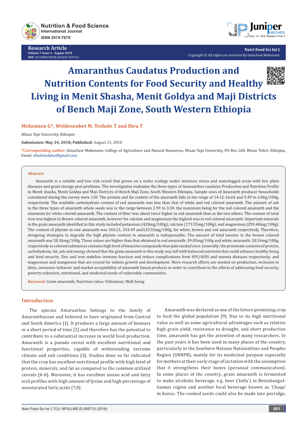 Amaranthus Caudatus Production and Nutrition Contents for Food Security and Healthy Living in Menit Shasha, Menit Goldya And