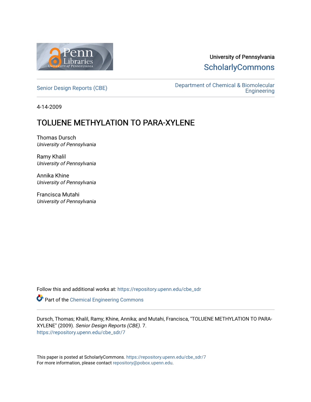 Toluene Methylation to Para-Xylene