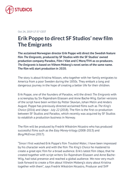 Erik Poppe to Direct SF Studios' New Film the Emigrants