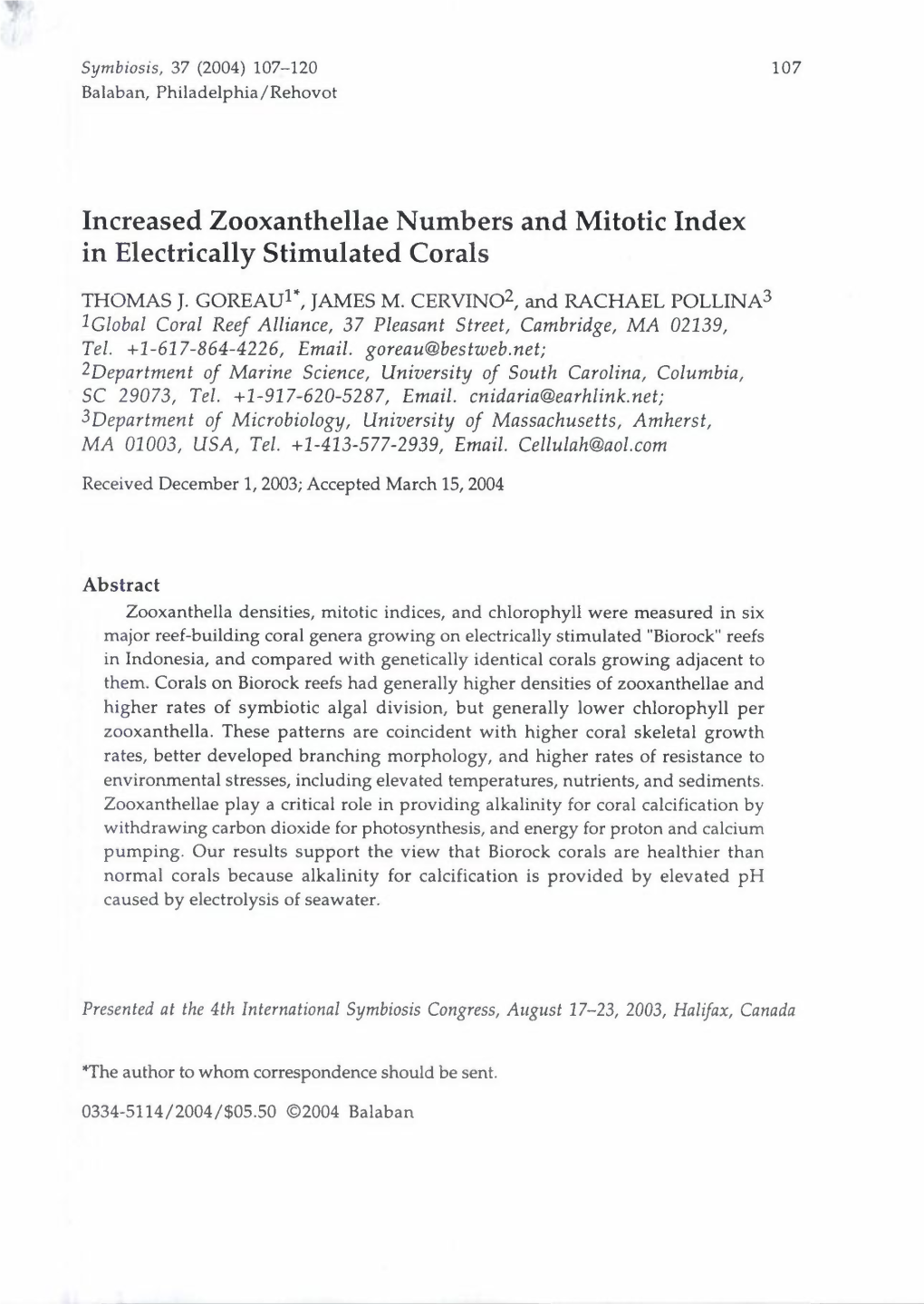 Increased Zooxanthellae Numbers and Mitotic Index in Electrically Stimulated Corals