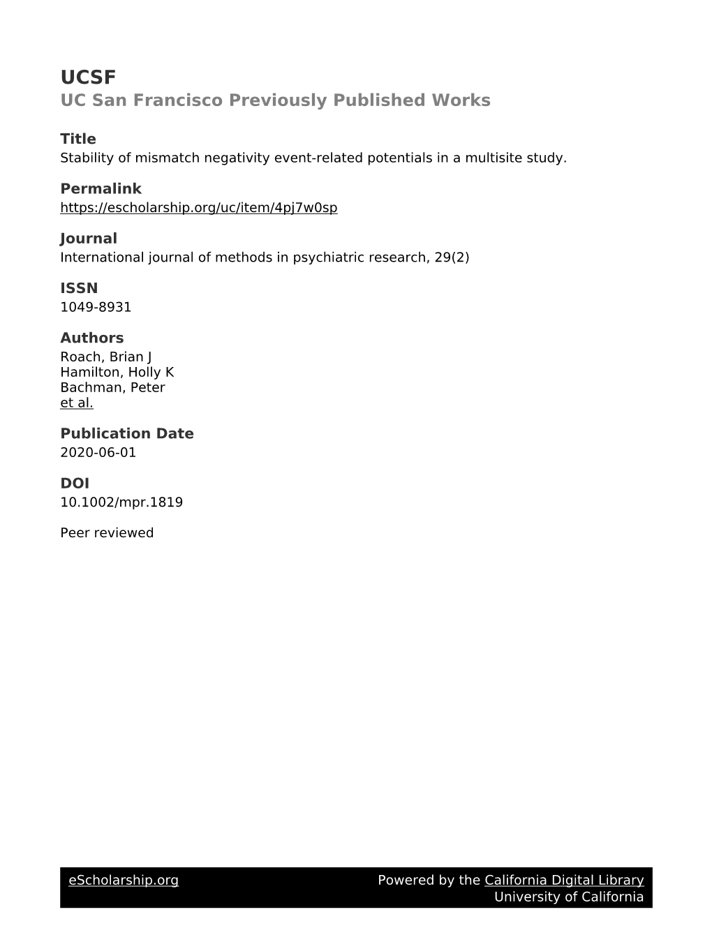 Stability of Mismatch Negativity Event-Related Potentials in a Multisite Study