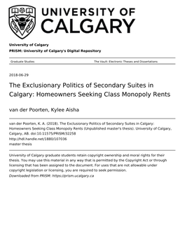 The Exclusionary Politics of Secondary Suites in Calgary: Homeowners Seeking Class Monopoly Rents Van Der Poorten, Kylee Aisha Van Der Poorten, K