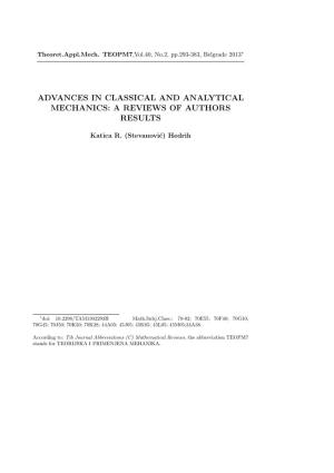 Advances in Classical and Analytical Mechanics: a Reviews of Authors Results