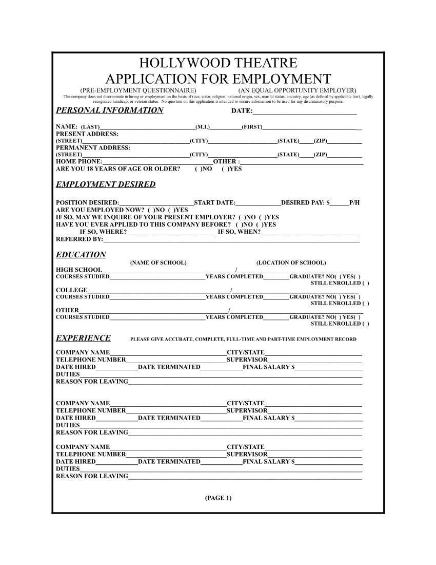 Hollywood Theatre Application for Employment