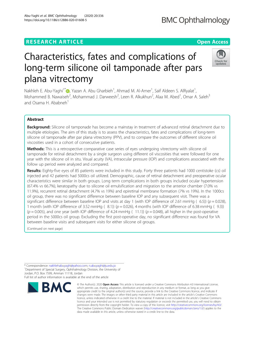 Characteristics, Fates and Complications of Long-Term Silicone Oil Tamponade After Pars Plana Vitrectomy Nakhleh E