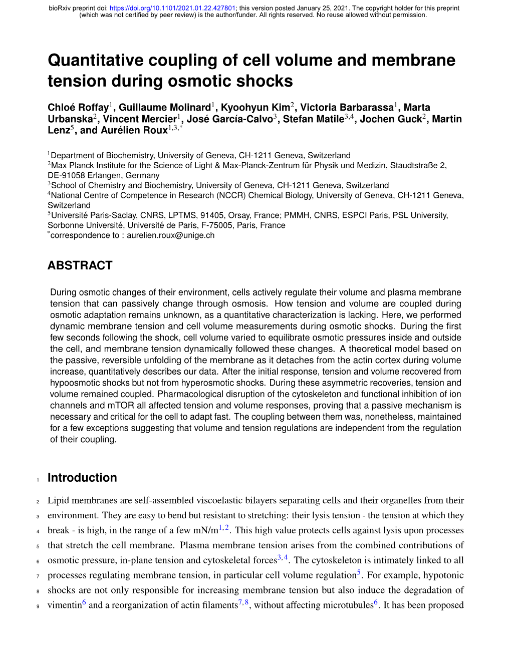 Quantitative Coupling of Cell Volume and Membrane Tension During Osmotic Shocks