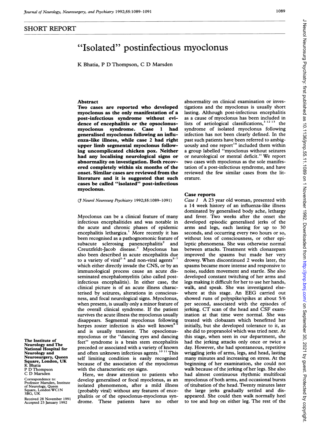 Postinfectious Myoclonus