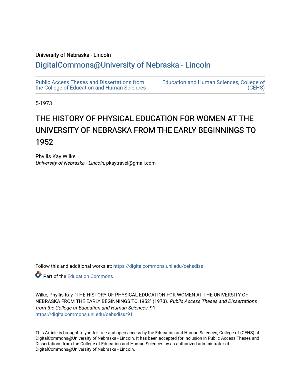 The History of Physical Education for Women at the University of Nebraska from the Early Beginnings to 1952