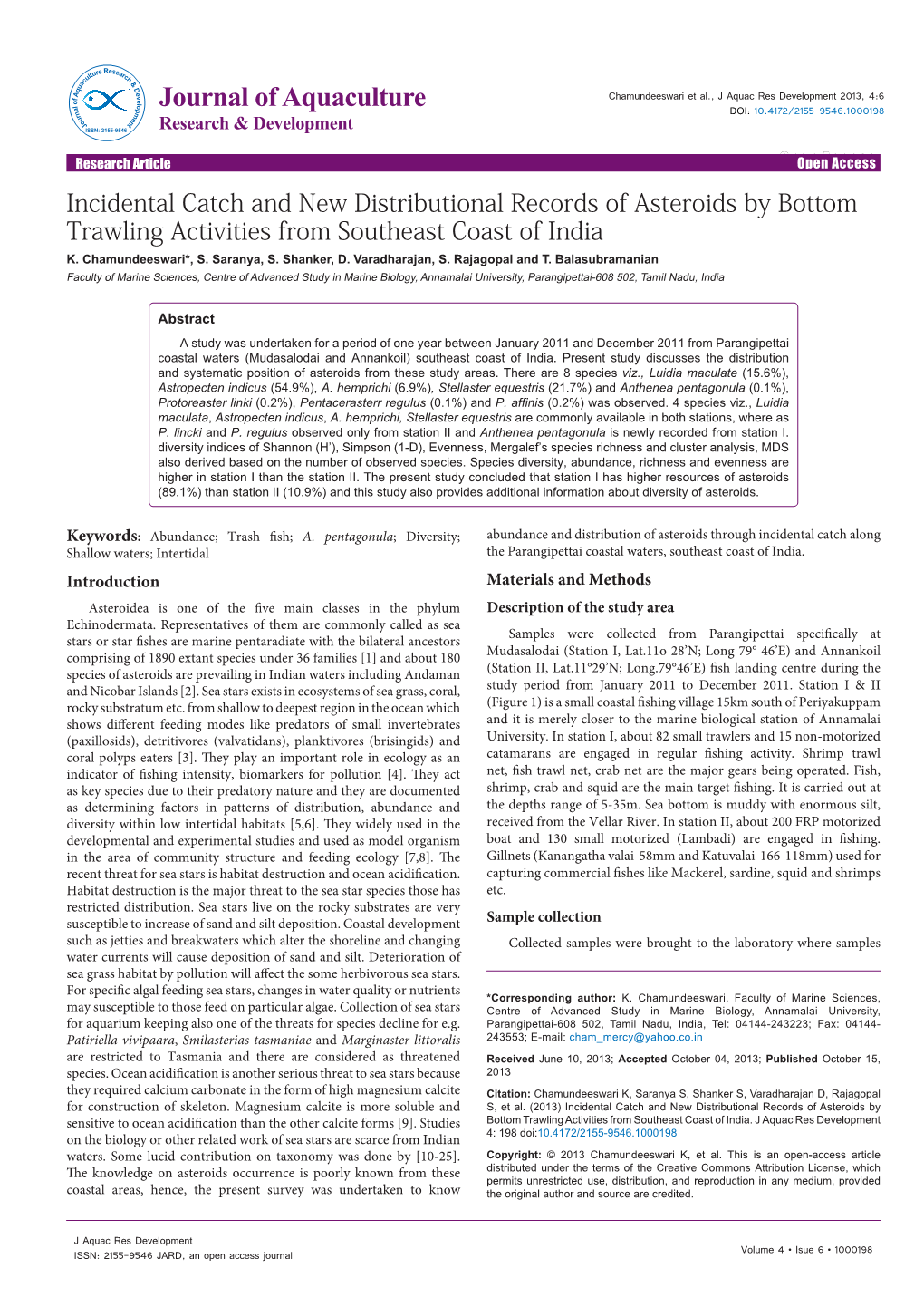Incidental Catch and New Distributional Records of Asteroids by Bottom Trawling Activities from Southeast Coast of India K