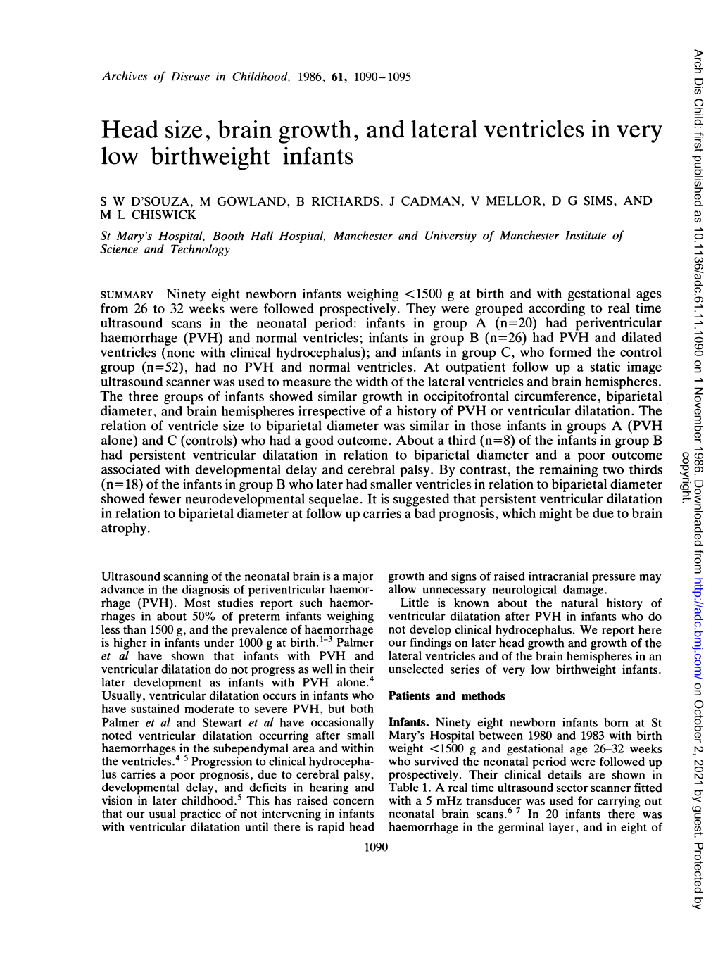 Head Size, Brain Growth, and Lateral Ventricles in Very Low Birthweight Infants
