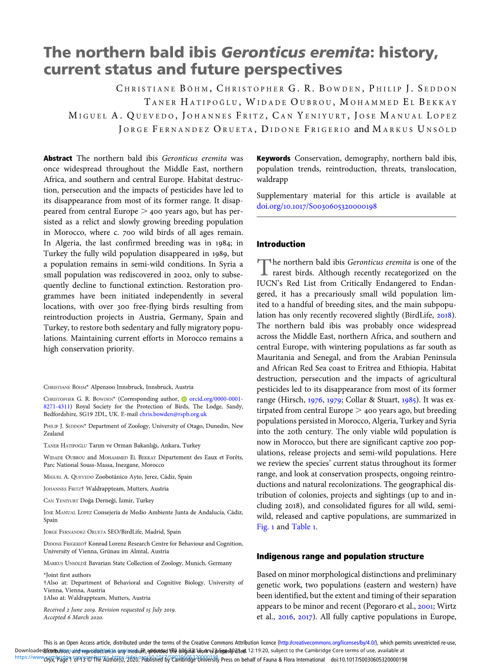 The Northern Bald Ibis Geronticus Eremita: History, Current Status and Future Perspectives