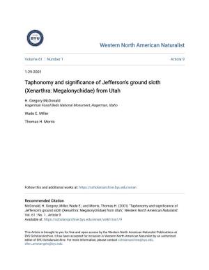 Taphonomy and Significance of Jefferson's Ground Sloth (Xenarthra: Megalonychidae) from Utah