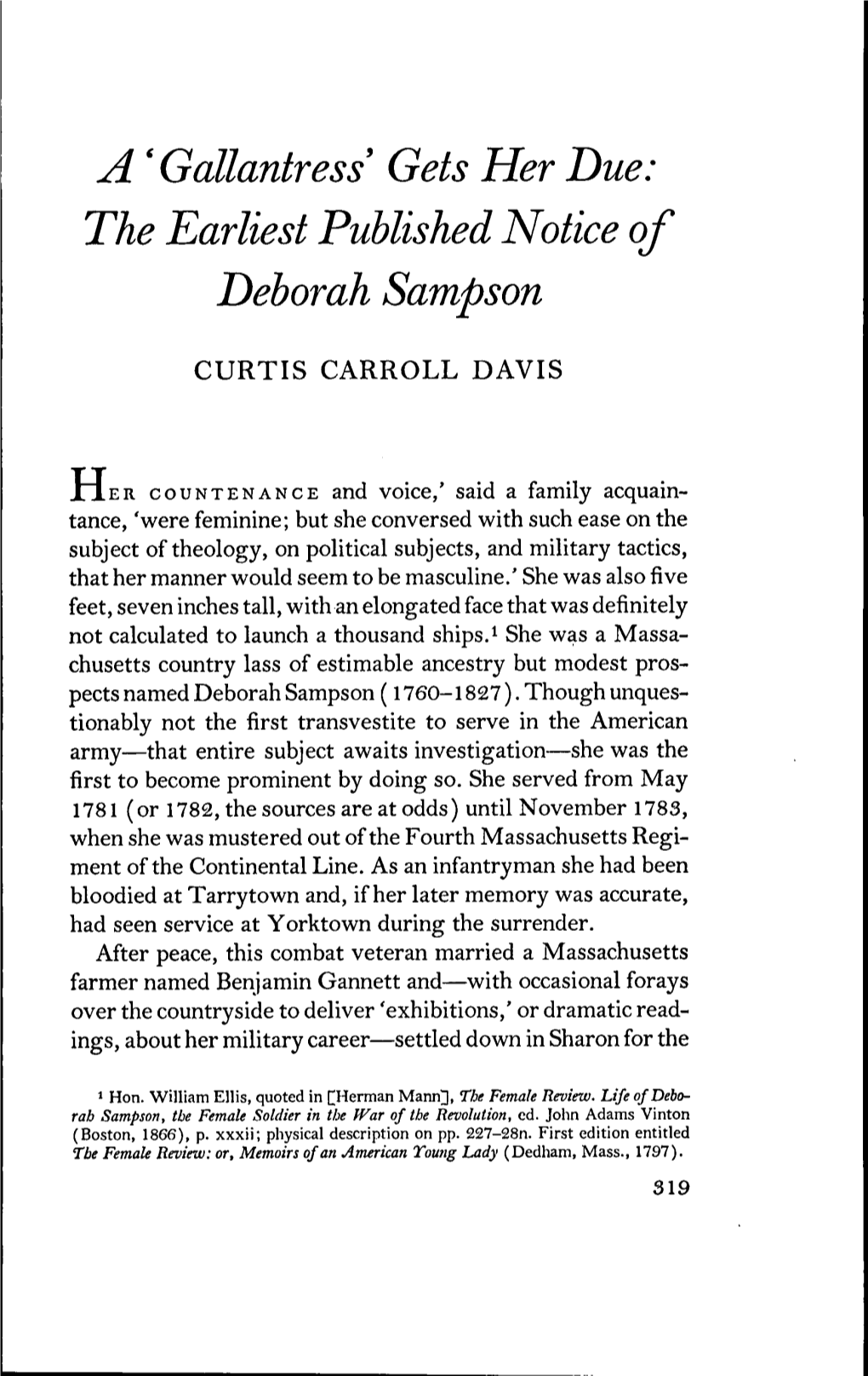 A ' Gallantress Gets Her Due: the Earliest Published Notice of Deborah Sampson