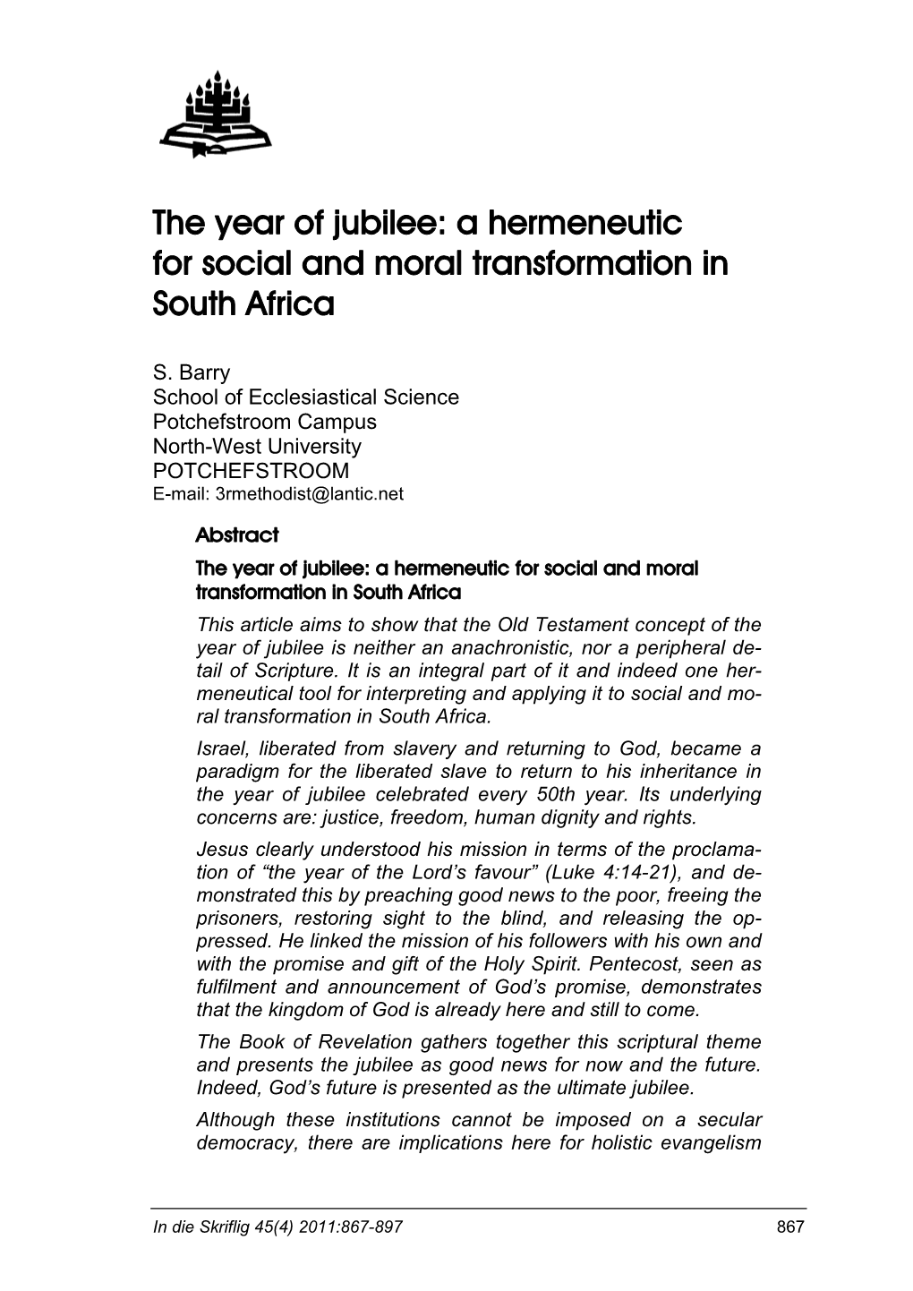 The Year of Jubilee: a Hermeneutic for Social and Moral Transformation in South Africa