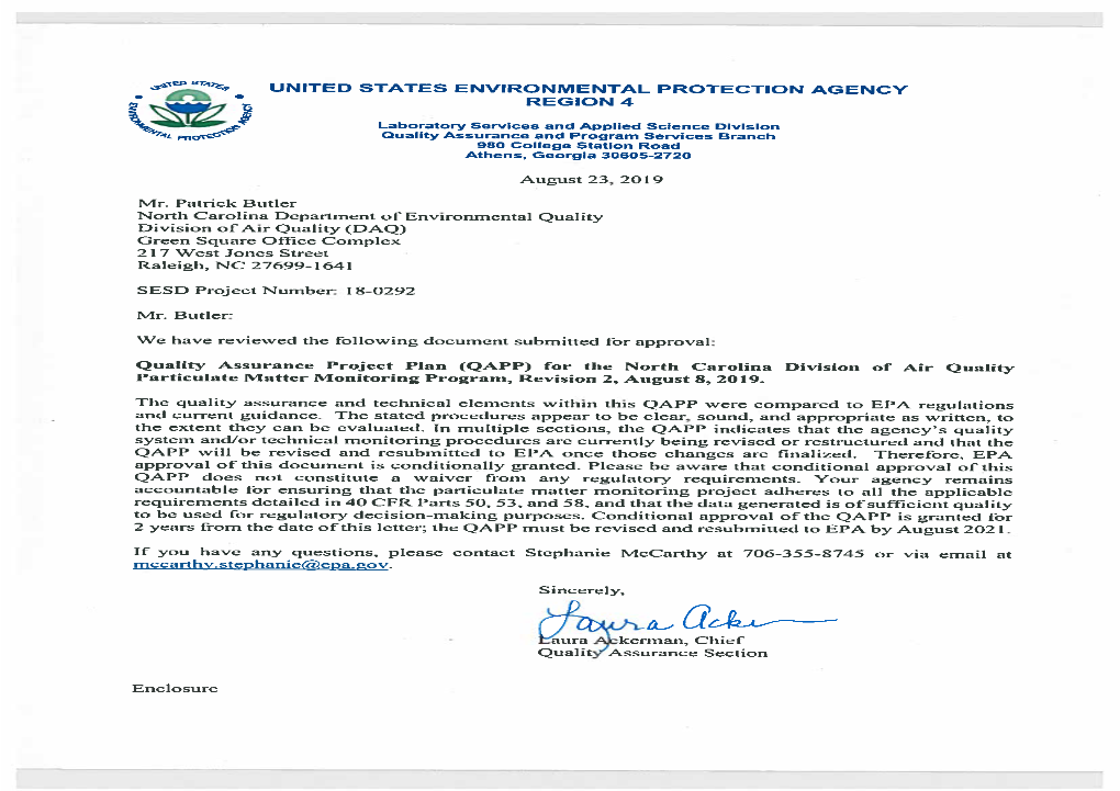 Quality Assurance Project Plan for the North Carolina Division of Air Quality Particulate Matter Monitoring Program