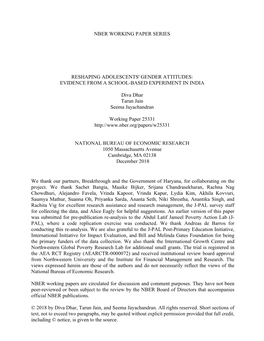 Nber Working Paper Series Reshaping Adolescents